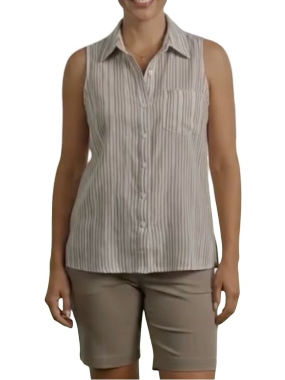 Jones New York Sport Linen Sleeveless Collared Shirt Coastal Golf Pinstripe M